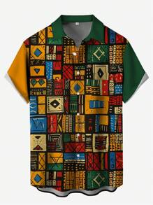 Men's African Print Button-Up Shirt, Casual Holiday Outdoor African Udan Rose Star Moon Palace Lantern Pattern 3D Digital Print Lapel Short Sleeve Casual Shirt