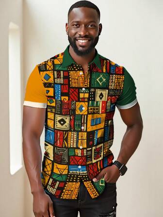 Men's African Print Button-Up Shirt, Casual Holiday Outdoor African Udan Rose Star Moon Palace Lantern Pattern 3D Digital Print Lapel Short Sleeve Casual Shirt