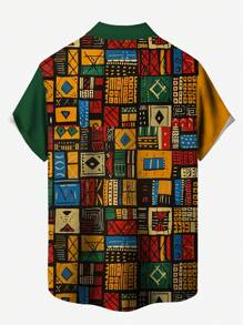 Men's African Print Button-Up Shirt, Casual Holiday Outdoor African Udan Rose Star Moon Palace Lantern Pattern 3D Digital Print Lapel Short Sleeve Casual Shirt