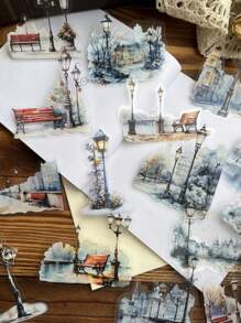 15 Blatt/Packung Vintage wasserdichte Straßenlaterne Landschaft Aufkleber, Dekoration für Scrapbooking, ausgestanzte PET Aufkleber
