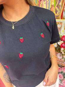 Women's Elegant Embroidered T-Shirt 100% Cotton Ideal For Christmas Casual Tropical Sicilian Lemon Embroidery - màu đen - Xem 2