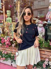 Women's Elegant Embroidered T-Shirt 100% Cotton Ideal For Christmas Casual Tropical Sicilian Lemon Embroidery - màu đen - Xem 3