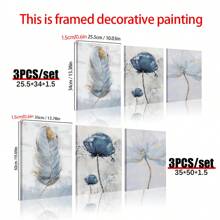 3 piezas/set Decoración de pared con amapolas, plumas azul y dorado, conjunto de decoración de galería moderna en índigo y azul marino, póster decorativo de pared, decoración de lienzo de pared, regalo ideal/set para pasillo, dormitorio, sala de estar