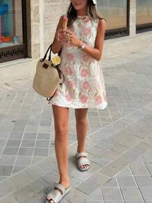 Robes droites décontractées d'été pour femmes avec imprimé floral, col rond et sans manches, style pop-up, confortables pour les vacances