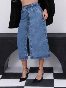 Midi Denim Skirt With Buttons And Slits - Dark Wash - View 2
