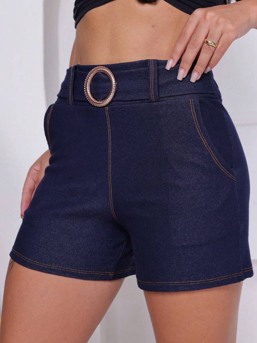 Women's Short Jeans Shorts With Belt Buckle Pocket Spandex Bermuda M To Extra - Màu xanh lam - Xem 1