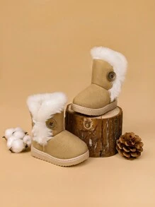 1 Pair Kids Boots With Thermal Lined Thick Soft Bottom Fuzzy Side Button Snow Boots, Anti-Slip Anti-Wind, Suitable For Autumn/Winter Indoor & Outdoor, Parties, Traveling