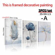 3 piezas/set Decoración de pared con amapolas, plumas azul y dorado, conjunto de decoración de galería moderna en índigo y azul marino, póster decorativo de pared, decoración de lienzo de pared, regalo ideal/set para pasillo, dormitorio, sala de estar