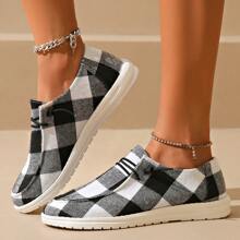 Zapatillas de estilo a diario y casual con estampado de cuadros blanco y negro, suela blanda y cómoda para mujer, modelo 2024