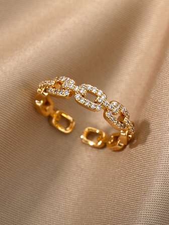 1 Pc Vintage Cubic Zirconia Cuban Chain Ring For Women Gold Color Stainless Steel Geometric Ring Wedding Engagement Party Jewelry Christmas Gift