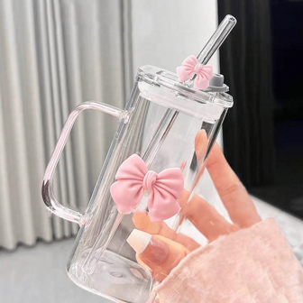 1/2/6pcs Minimalist Square Glass Cup With Straw &amp; Handle, Elegant Bowknot Design, Suitable For Coffee, Milk, Juice, Breakfast, 13.52oz, Heat-Resistant, For Home, Restaurant, Kitchen