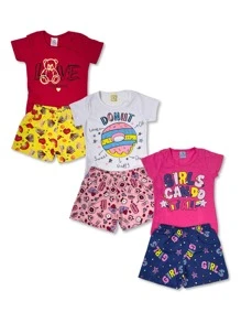 Kit 6 Peças Roupa Infantil Menina Verão 3 Conjunto Sortidos 3 Camisetas + 3 Shorts/Bermudas - Multicolorido - Visão 5
