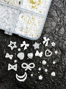 15格白色树脂珍珠混合心形、蝴蝶结、星星、月亮、迷你花、球形美甲装饰DIY工具套装美甲用品指甲饰品美甲宝石 - 彩色 - 查看 4