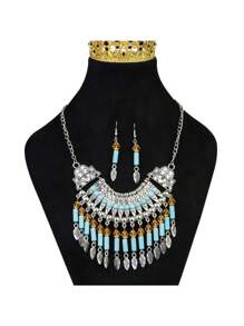 3-teiliges Set mit bohemianischem mehrschichtigem Strass-Anhänger, Halskette und Ohrringschmuck