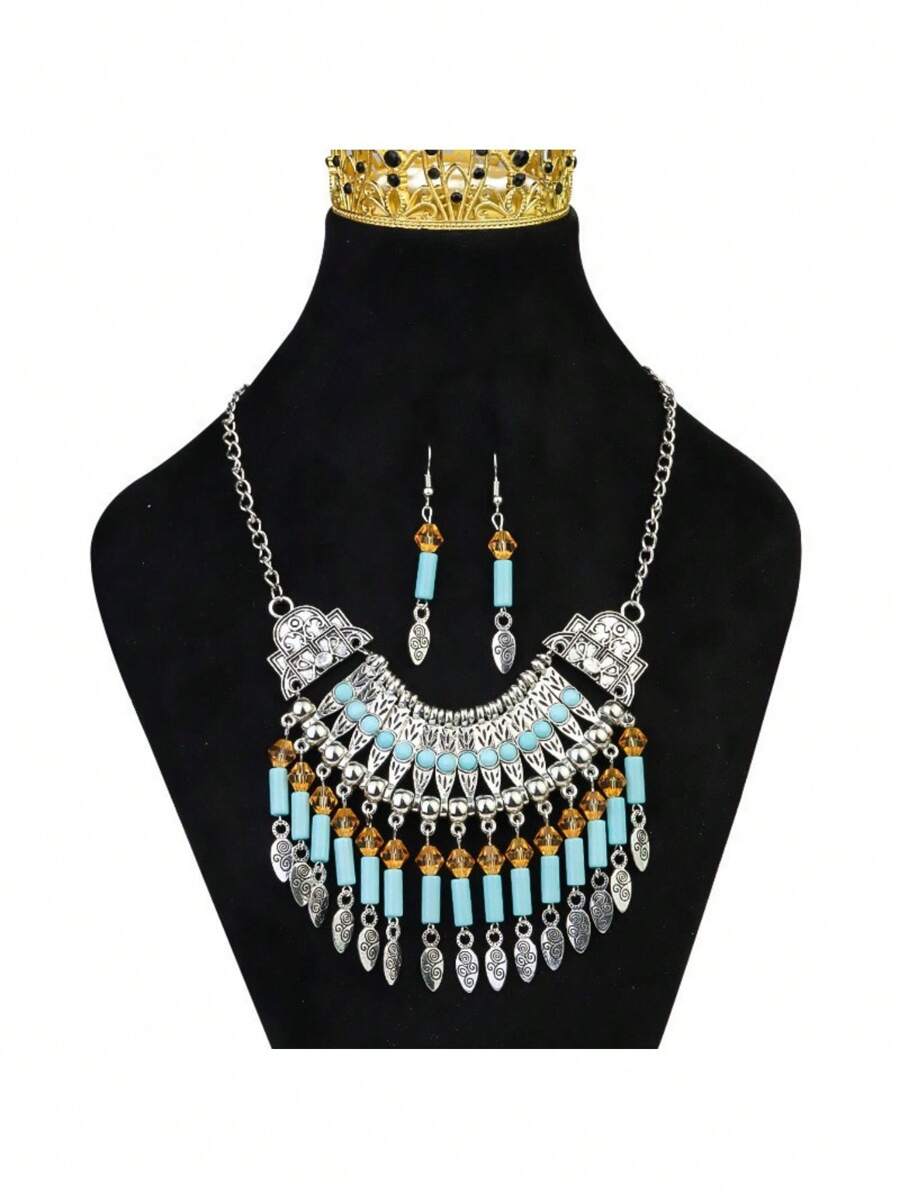 3-teiliges Set mit bohemianischem mehrschichtigem Strass-Anhänger, Halskette und Ohrringschmuck