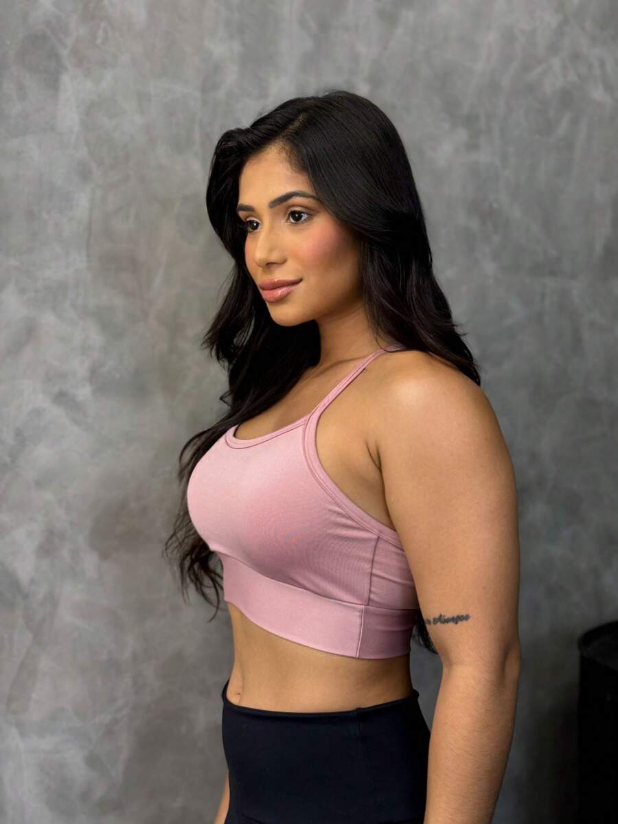 Fitness Strappy Top With Crossover At The Back, Zero Transparency Cropped Top With Removable Pads - Rusty Rose - View 1