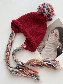 1pc Kids Tassel Braid Knitted Cap, Cute Ear Warmer Princess Beanie Hats For Boys And Girls, Autumn/Winter
