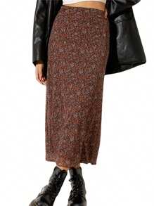 Womens Casual Long Skirts, Floral Printed High Waist Simple Elegant Elastic Waist Skirts, Street Style Bottoms - Marrón - Ver 2