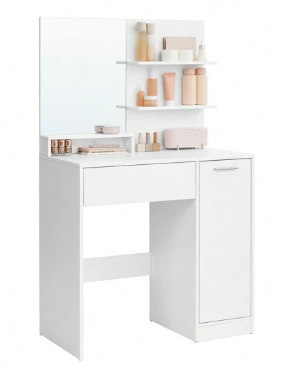  VASAGLE Tocador, Mesa de Maquillaje con Espejo Grande, Gabinete con 2 Estantes Ajustables, 2 Estantes Abiertos, 1 Cajón, Blanco