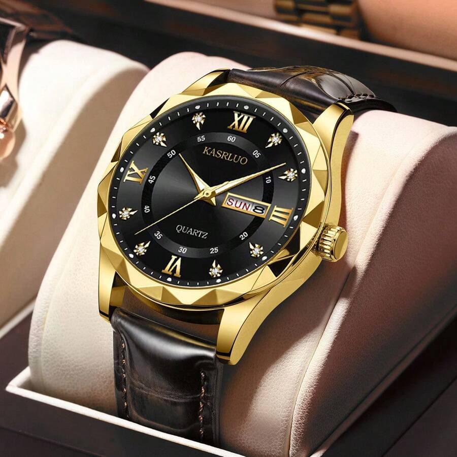 KASRLOU Fashionable Business Sports Waterproof Luminous Black Leather Belt Quartz Watch With Calendar For Men, High Quality Wrist Watch