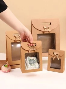 5 件透明自立式礼品袋，带翻盖，有粉色、白色、黑色、蓝色和棕色可选，纯色蝴蝶结手柄礼品袋，适用于糖果、派对、生日、节日情人节