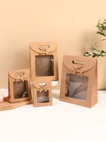 5 件透明自立式礼品袋，带翻盖，有粉色、白色、黑色、蓝色和棕色可选，纯色蝴蝶结手柄礼品袋，适用于糖果、派对、生日、节日情人节