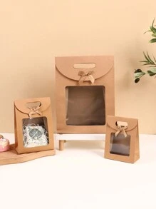 5 件透明自立式礼品袋，带翻盖，有粉色、白色、黑色、蓝色和棕色可选，纯色蝴蝶结手柄礼品袋，适用于糖果、派对、生日、节日情人节