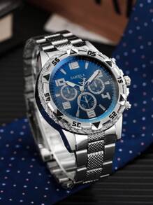 4pcs Set: Men's Business Casual Steel Strap 3-Eye Numeric Scale Large Dial Quartz Wrist Watch + Bracelet