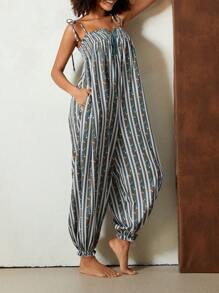 Women Boho Floral Loose Overalls Retro Sleeveless Tie Up Boat Neck Ruched Spaghetti Strap One  Piece Cami Jumpsuit Baggy Long Romper Playsuit Hippie Pants Summer Beach Vacation Bohemian Clothes - Màu xanh lam - Xem 5