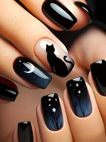 24Pcs Instantly Upgrade Your Look With Medium Square Fake Nails,Black Forest Design,The Cat Is Standing On Your Fingernails,White Stars And Moon Decorations,1Pc Nail File & 1Nail Glue Sticker Kit Nails For Girl Mother Women Gift ,Whitening Nail Art Set With Detachable Fake Nails For Festival, Party, Date And Daily Wear Press On Nails Nail Supplies Nails - Multicolor - View 2