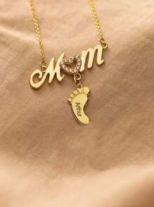 个性化名字雕刻母亲项链，搭配小脚吊坠，独特而优雅的特殊珠宝礼物返校冬季礼物创意男孩女孩情人节 - 金色 - 查看 3