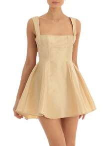 Womens Summer Short Sling Dress Solid Color Sleeveless Backless Square Neck A-Line Dress