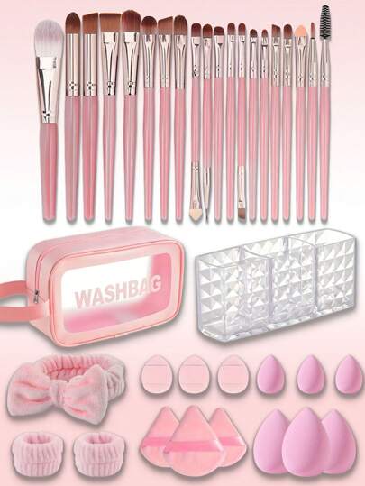37pcs Makeup Brush Set, Including: 20pcs Makeup Brushes, 1pc Makeup Bag, 1pc 3-Slot Pencil Holder, 3pcs Water Drop Makeup Sponges, 3pcs Triangle Powder Puffs, 3pcs Mini Water Drop Makeup Sponges