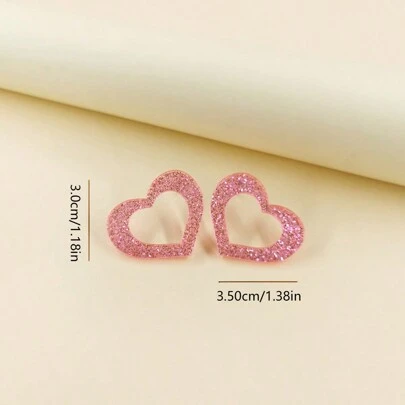 1 Pair Minimalist Pink Glitter Heart Acrylic Geometric Earrings, Cute & Sweet, Vintage Style Stud Earrings For Valentine's Day