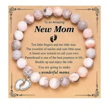 New Mom Inspirational Natural Stone Beaded Bracelet With Footprint Charm - Elegant Mother's Day Gift, Pregnancy Celebration Jewelry