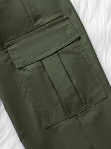 1 pieza Pantalones cargo casuales y sueltos de unicolor de moda para niñas preadolescentes, con múltiples bolsillos, para primavera/otoño - Verde militar - Ver 5