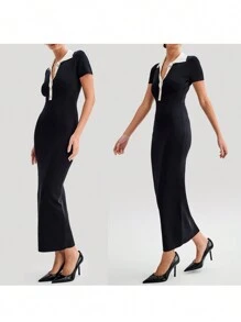 Women Long Dress Patchwork Turn-Down Collar Buttons Short Sleeve Knit Dress Summer Casual Bodycon Dress - Black - View 10