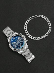 4pcs Set: Men's Business Casual Steel Strap 3-Eye Numeric Scale Large Dial Quartz Wrist Watch + Bracelet