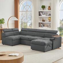 Grey Fabric Sectional Sofa With Storage Ottoman,DreamDecor
