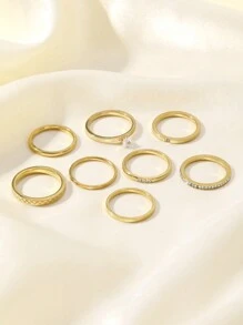 6/8件套时尚简约不锈钢镶钻抛光戒指套装，男女皆宜，适合日常佩戴、节日和约会场合，情人节礼物 - 金色 - 查看 3