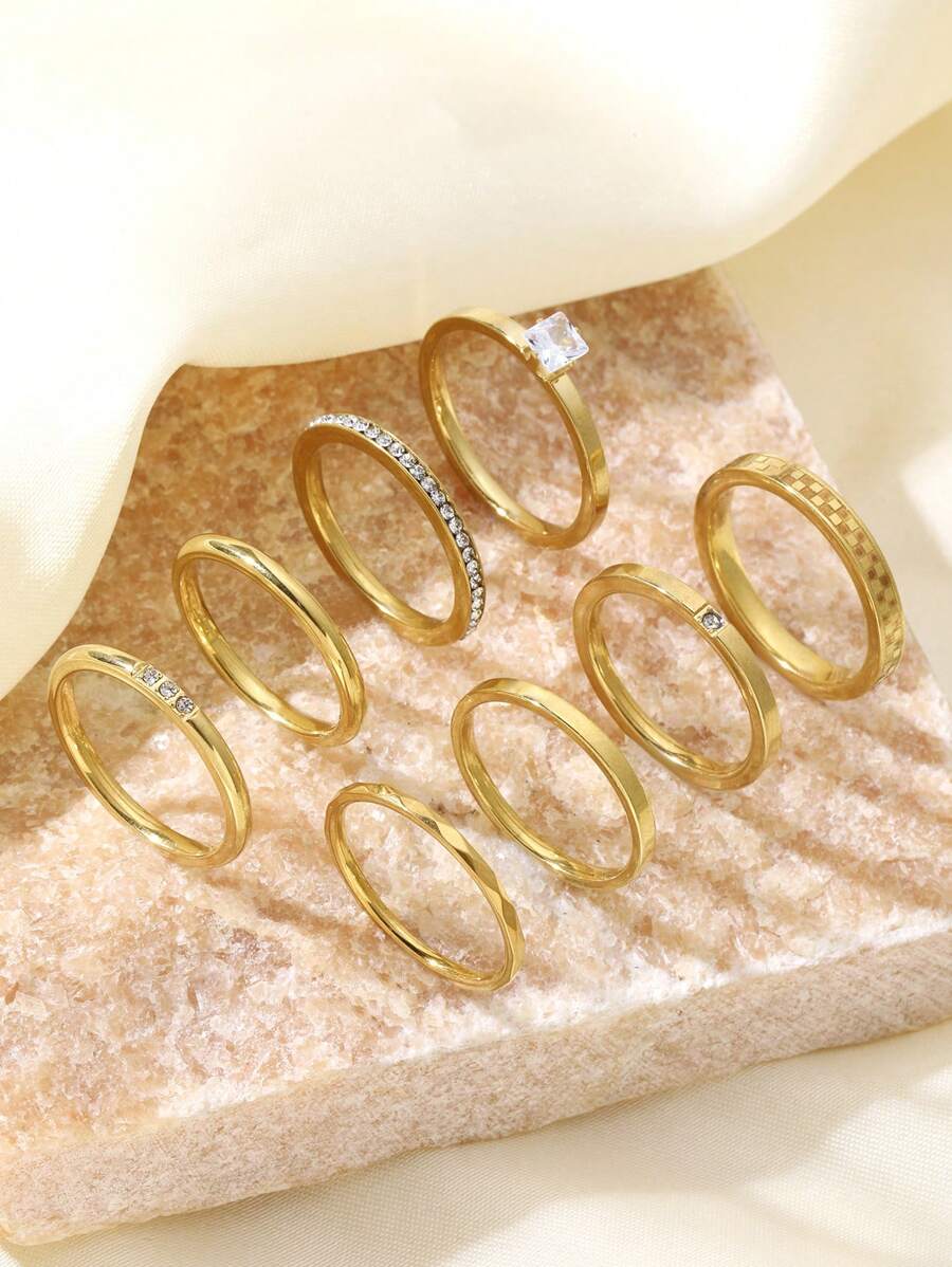 6/8件套时尚简约不锈钢镶钻抛光戒指套装，男女皆宜，适合日常佩戴、节日和约会场合，情人节礼物 - 金色 - 查看 1