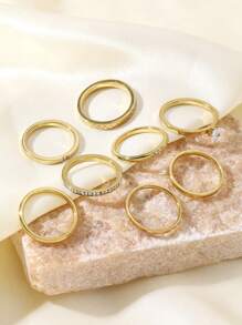 6/8件套时尚简约不锈钢镶钻抛光戒指套装，男女皆宜，适合日常佩戴、节日和约会场合，情人节礼物 - 金色 - 查看 2