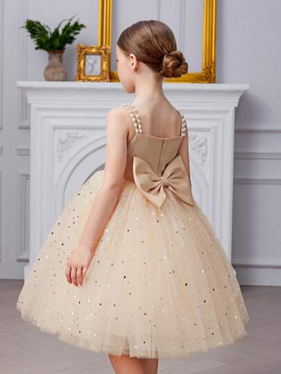 Young Girl Gold Spaghetti Strap Bow Beaded Sequin Christmas Party Elegant Mesh Dress, Princess Dress Suitable For Girls Birthday Party, Wedding, Flower Girl, School Performance, Holiday Celebration