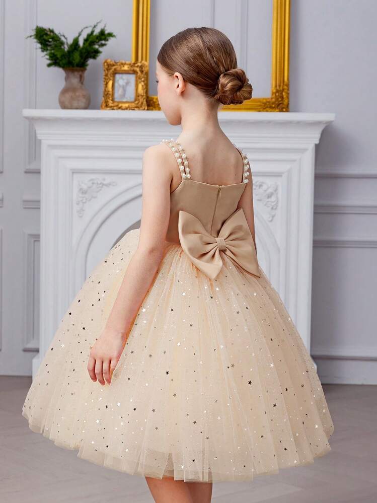 Young Girl Gold Spaghetti Strap Bow Beaded Sequin Christmas Party Elegant Mesh Dress, Princess Dress Suitable For Girls Birthday Party, Wedding, Flower Girl, School Performance, Holiday Celebration - Champagne - View 1