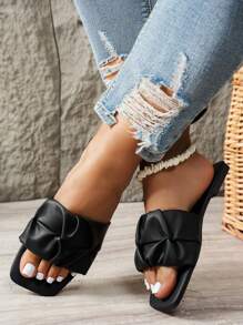 Wide Fit Thong Sandals For Women, Summer Non-Slip Soft Sole Casual Slippers, Outdoor Beach Flip Flops, Fashionable Square Toe Slides - Black - View 4