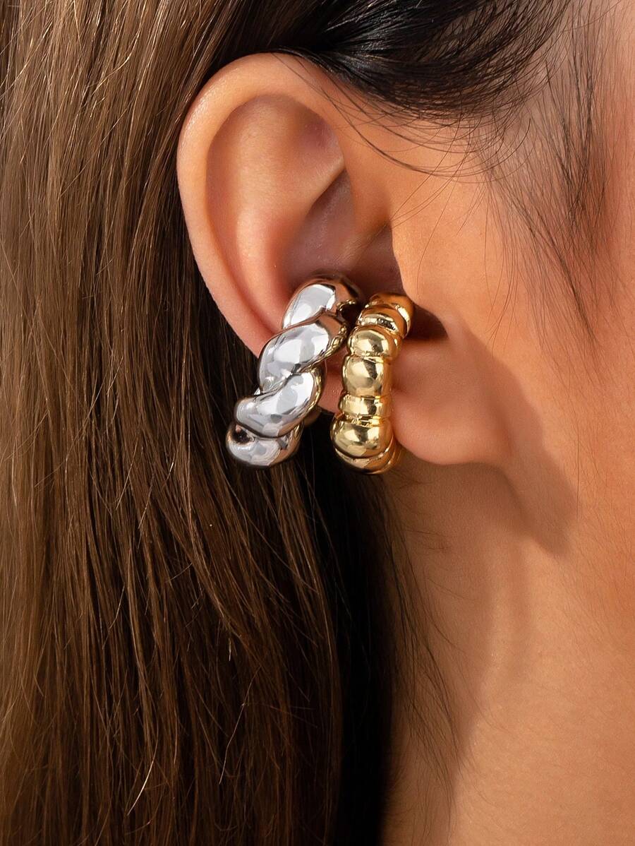 2pcs/Set Silver & Gold Thick Hoop Earrings Set, Women Clip-On Earrings - Multicolor - View 1