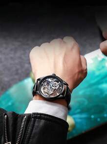 AlLANG Eilang Men's Leather Band Waterproof Hollow Transparent Bottom Tourbillon Automatic Mechanical Watch, Casual Business Fashion Luxury Wristwatch