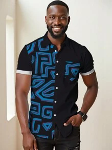 Men's African Print Button-Up Vacation Casual Outdoor Shirt, African Udan Rose Star Moon Palace Lantern 3D Digital Graphic Pattern, Short Sleeve Holiday Leisure Camp Shirt