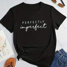 T-Shirt Blouse Women's Perfectly Imperfect Print -Shirt Blogger Top Casual Spring And Summer Women's Clothing 100% Cotton - 黑色 - 查看 1