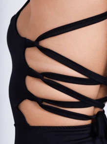 VM STORE Women's Long Dress With Tie At The Back And Side Slit On The Leg Tie With Straps Suplex Fabric Gringa Fashion - 黑色 - 查看 3